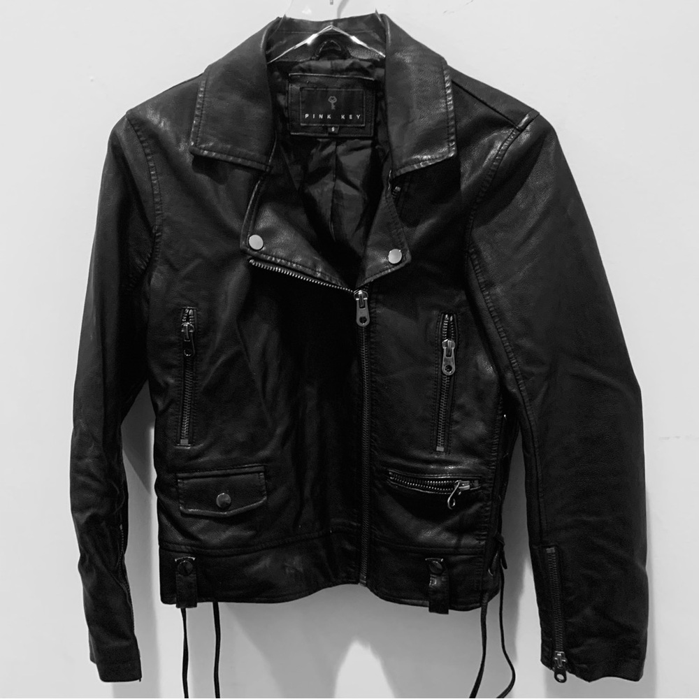 Pink Key Black Faux Leather Jacket Size Small